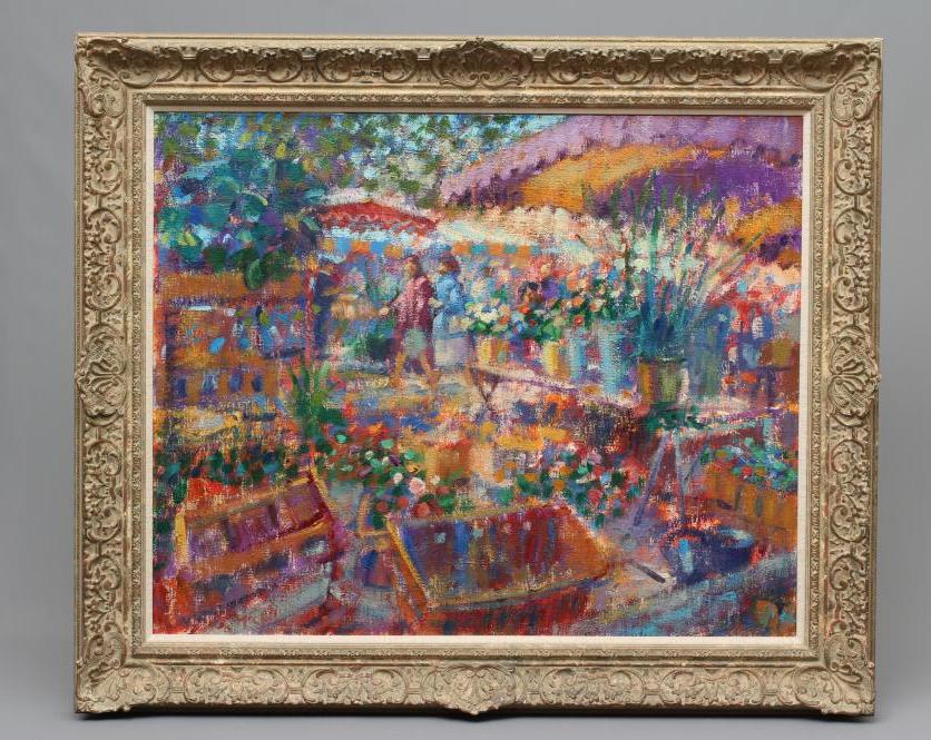 JOHN MACKIE (b.1953) Market Carcassonne, signed lower left and inscribed with title verso, oil on Image