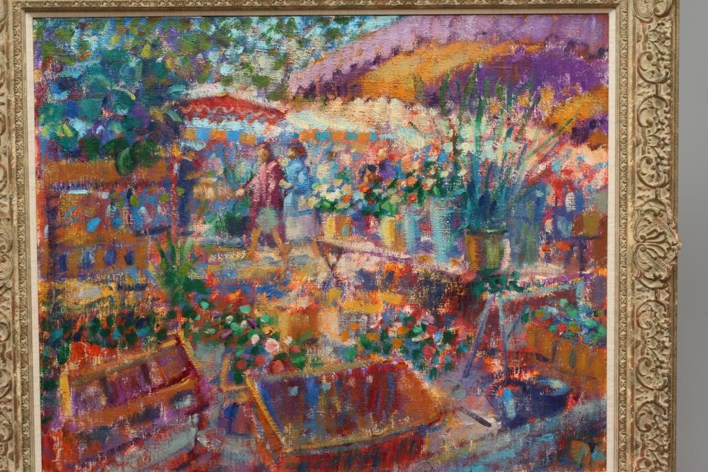 JOHN MACKIE (b.1953) Market Carcassonne, signed lower left and inscribed with title verso, oil on Image