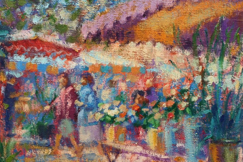 JOHN MACKIE (b.1953) Market Carcassonne, signed lower left and inscribed with title verso, oil on Image