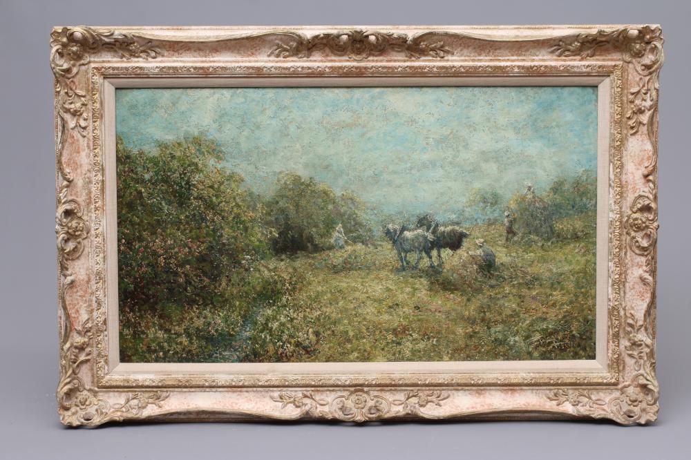 JOHN FALCONAR SLATER (1857-1937) Harvest Time, signed lower right, oil on board, 16 1/2" x 28 1/2", Image
