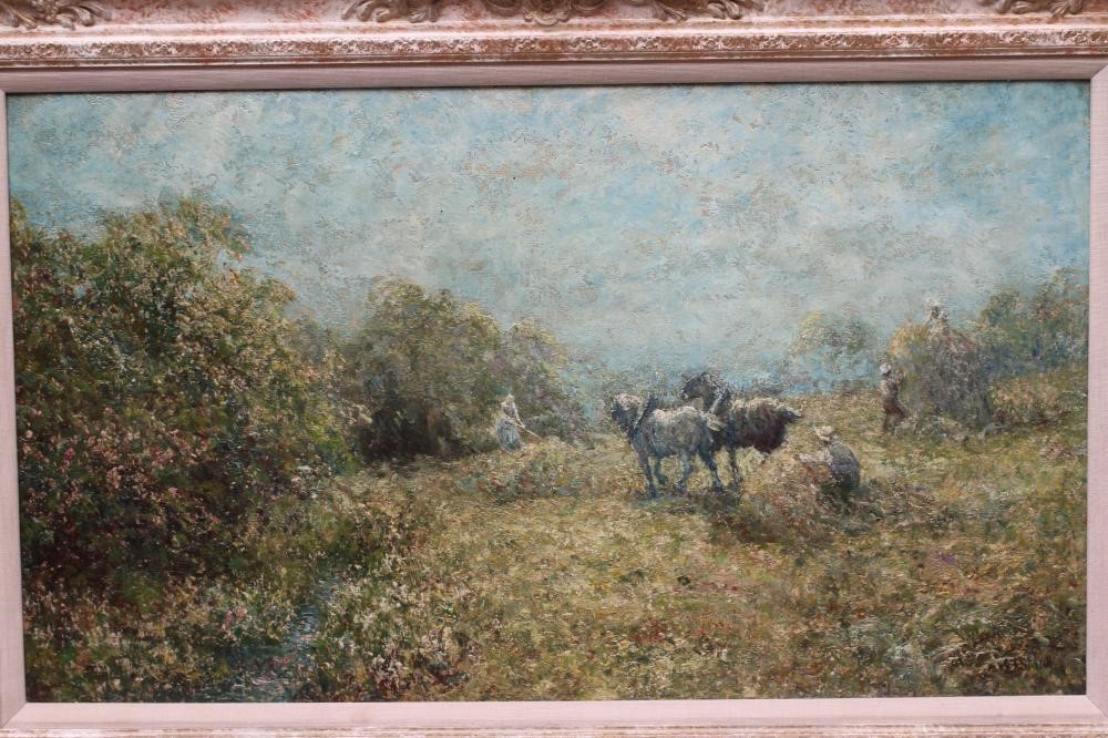 JOHN FALCONAR SLATER (1857-1937) Harvest Time, signed lower right, oil on board, 16 1/2" x 28 1/2", Image