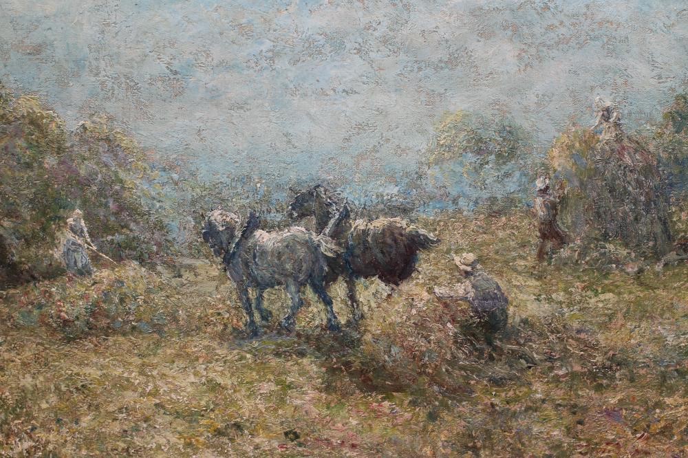 JOHN FALCONAR SLATER (1857-1937) Harvest Time, signed lower right, oil on board, 16 1/2" x 28 1/2", Image
