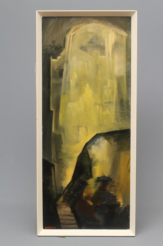 HARDAKER (British school, 20th century) Abstract, signed lower left, oil on panel, 35" x 14 1/2", Image