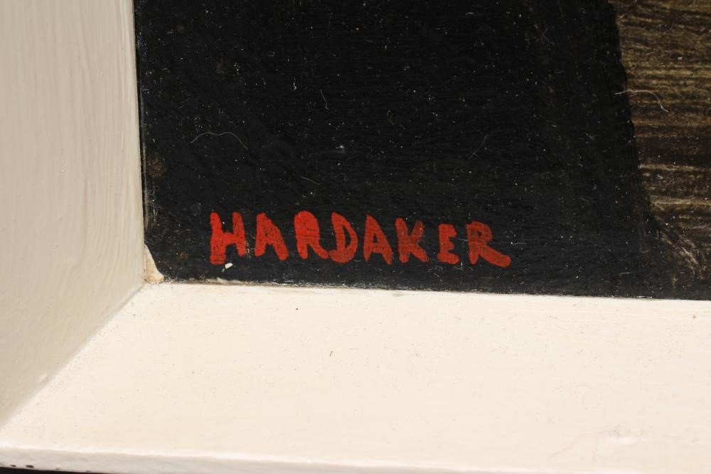 HARDAKER (British school, 20th century) Abstract, signed lower left, oil on panel, 35" x 14 1/2", Image