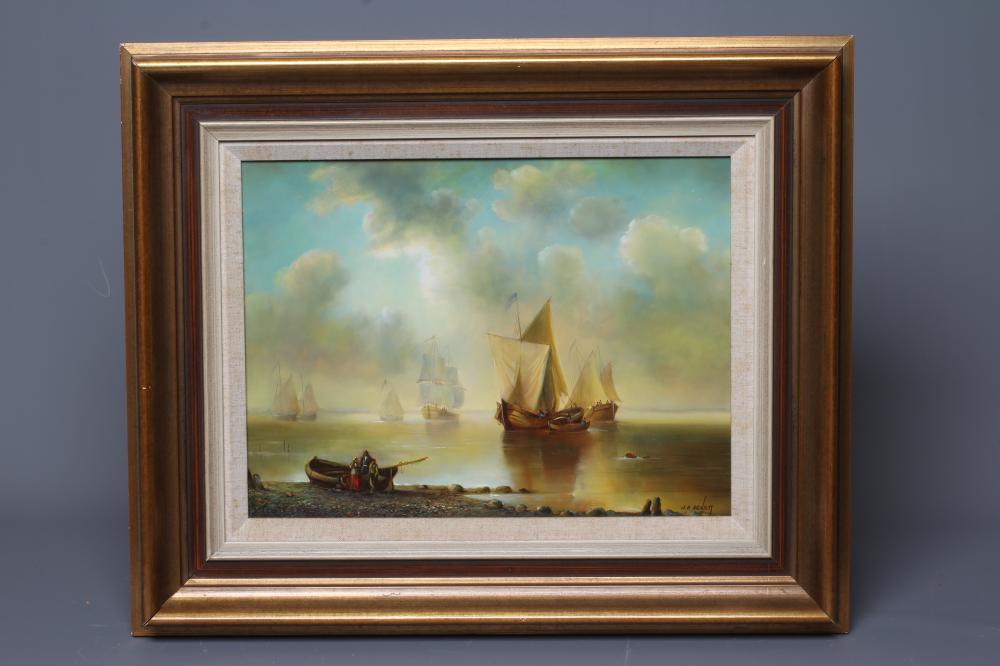 JOE ANNA ARNETT (American 1950-2024) Fishing Boats off the Coast, signed lower right, oil on panel, Image