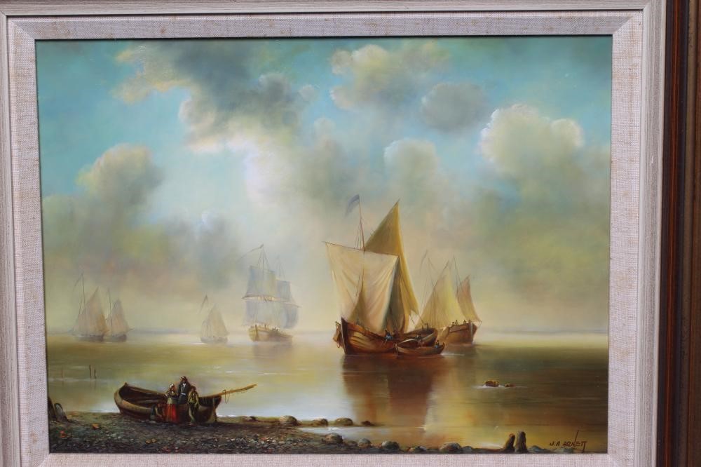 JOE ANNA ARNETT (American 1950-2024) Fishing Boats off the Coast, signed lower right, oil on panel, Image