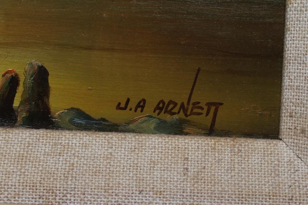 JOE ANNA ARNETT (American 1950-2024) Fishing Boats off the Coast, signed lower right, oil on panel, Image