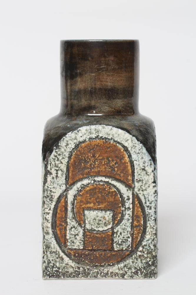 A TROIKA POTTERY SPICE JAR with typical incised panels by Jane Fitzgerald in shades of brown and Image