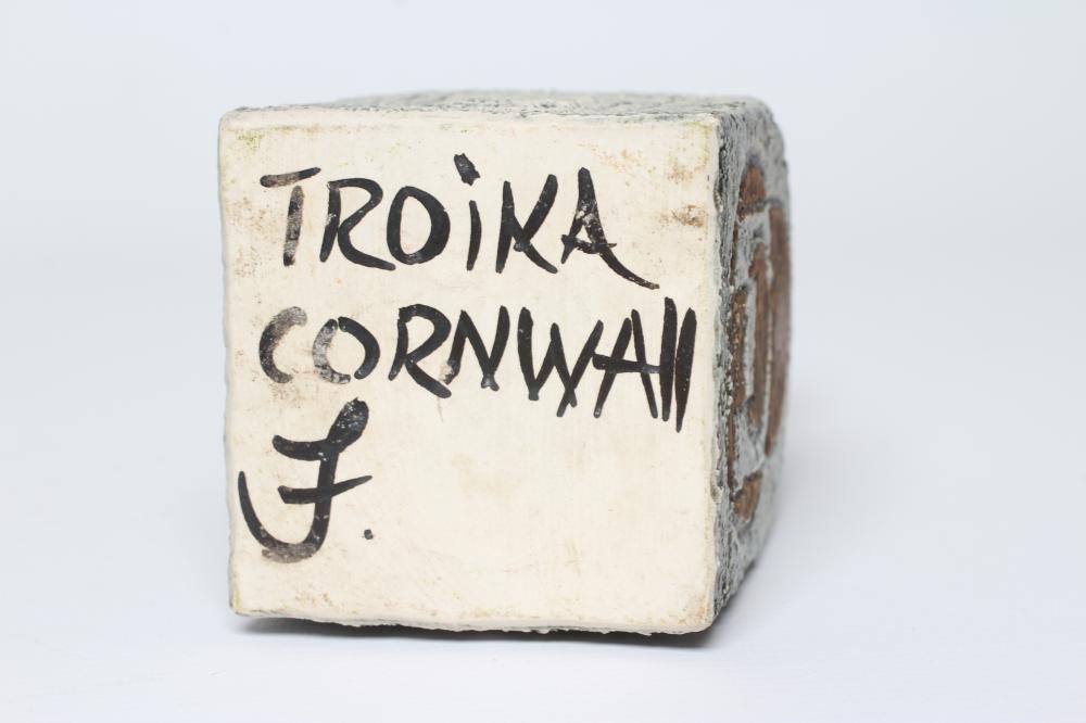 A TROIKA POTTERY SPICE JAR with typical incised panels by Jane Fitzgerald in shades of brown and Image