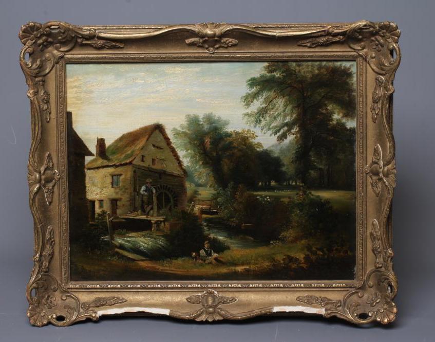 BRITISH SCHOOL (19th Century) Rural landscape with Figures Beside a Mill, oil on canvas, 13 1/2" x Image