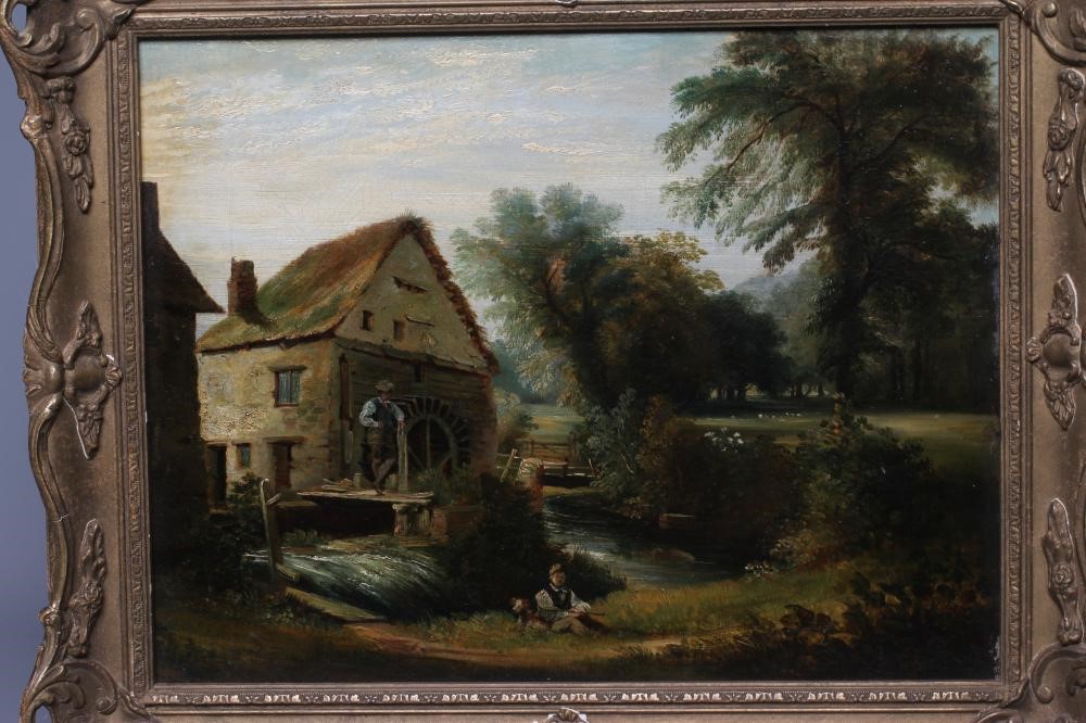 BRITISH SCHOOL (19th Century) Rural landscape with Figures Beside a Mill, oil on canvas, 13 1/2" x Image