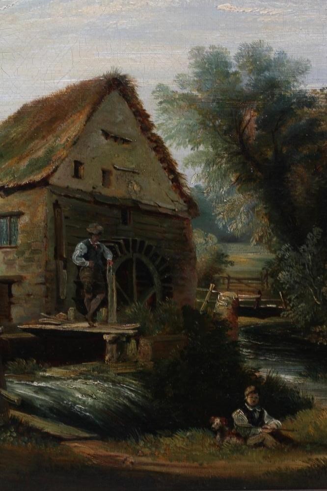 BRITISH SCHOOL (19th Century) Rural landscape with Figures Beside a Mill, oil on canvas, 13 1/2" x Image