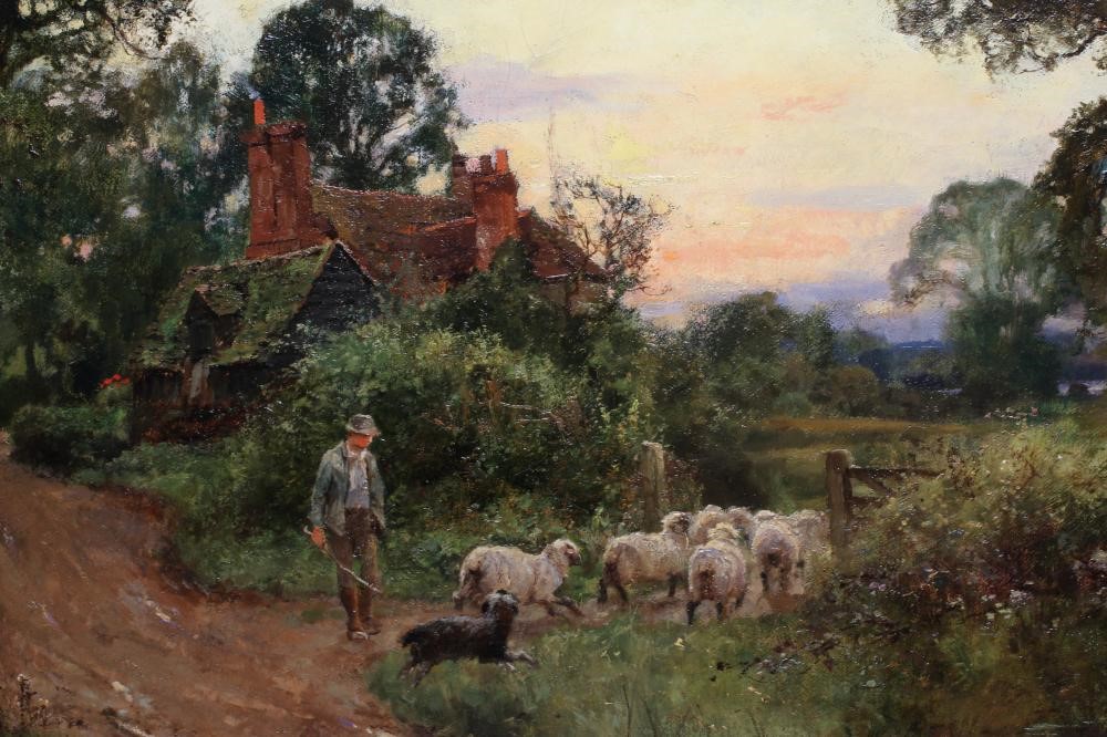 HENRY JOHN YEEND KING (1855-1924) A Shepherd with his Dog and Sheep at Dusk, signed lower right, oil Image