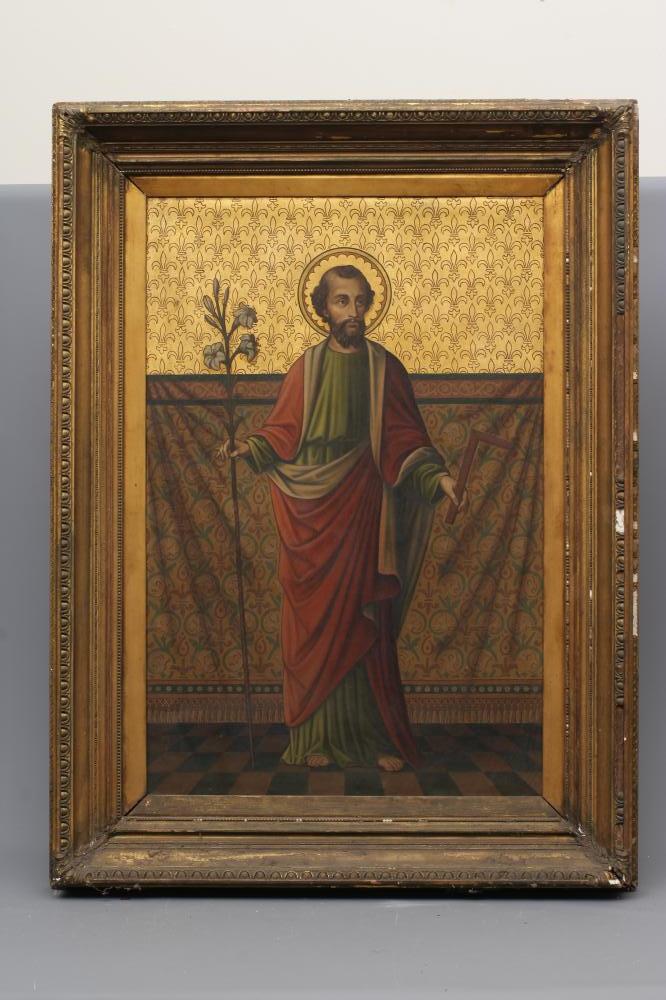 BRITISH SCHOOL (Late 19th Century) St. Anthony holding Lilies, oil on canvas, 36" x 24", composite Image