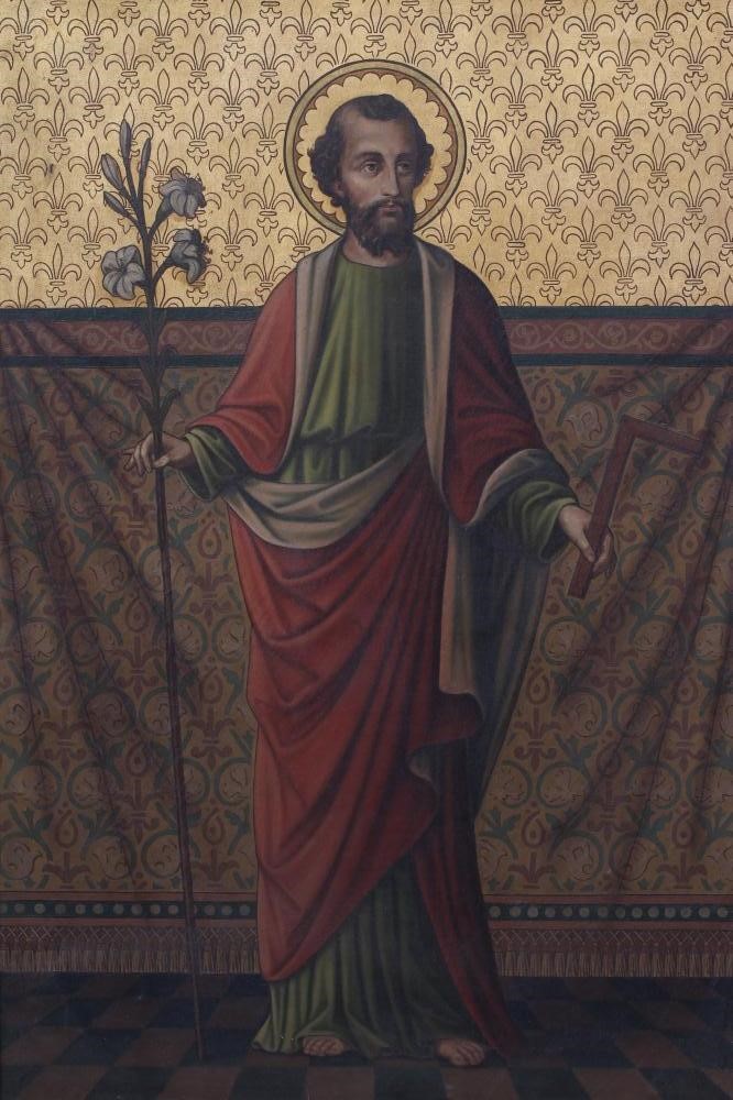 BRITISH SCHOOL (Late 19th Century) St. Anthony holding Lilies, oil on canvas, 36" x 24", composite Image