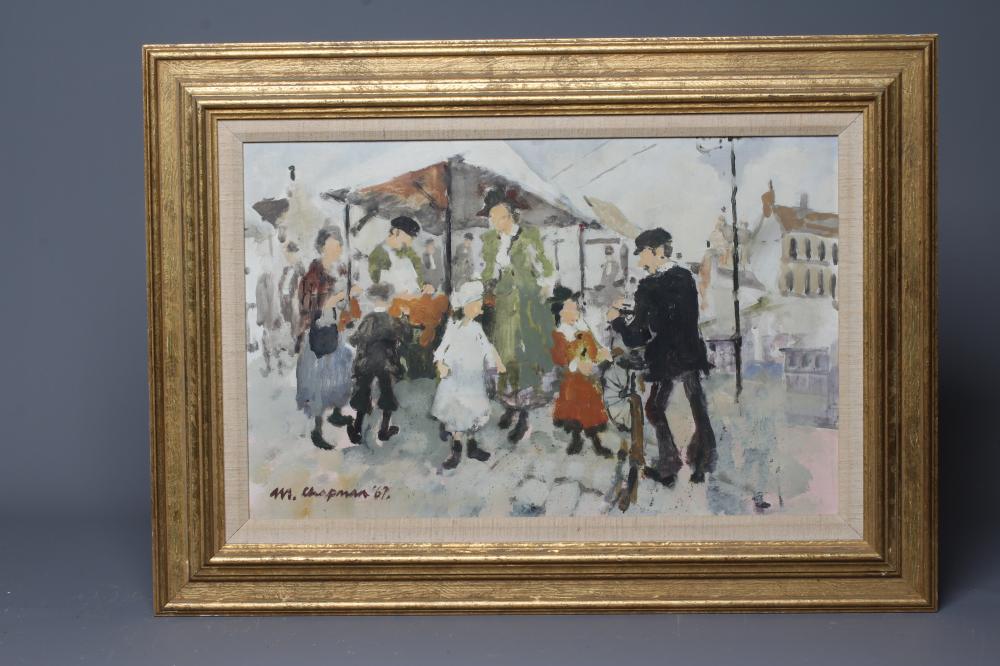 MARGARET CHAPMAN (1940-2000) Market Stall, signed lower left and dated '69, oil on board, 12" x 19", Image