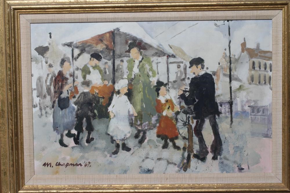MARGARET CHAPMAN (1940-2000) Market Stall, signed lower left and dated '69, oil on board, 12" x 19", Image