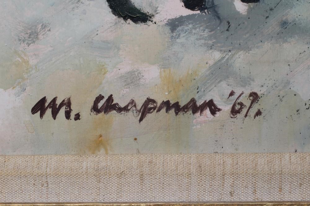 MARGARET CHAPMAN (1940-2000) Market Stall, signed lower left and dated '69, oil on board, 12" x 19", Image