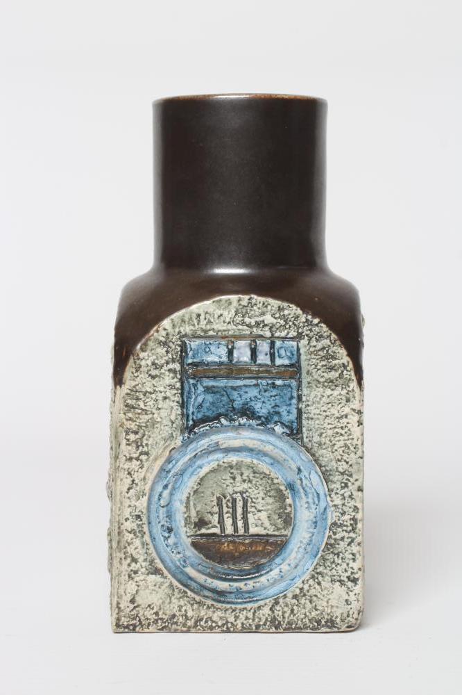 A TROIKA POTTERY SPICE JAR with typical incised panels in shades of blue and grey, inscribed mark Image