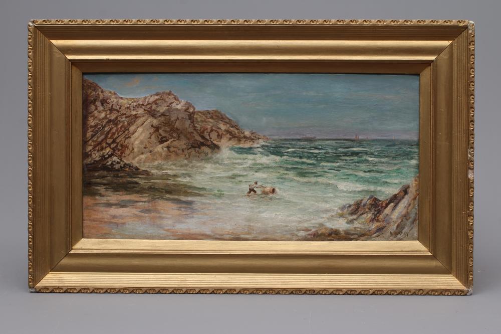 ARTHUR HUGHES (1832-1915) Corner of Porth Joke Beach, Newquay, signed lower right, oil on canvas, Image