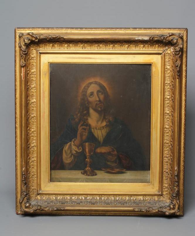 CONTINENTAL SCHOOL (Late 19th century) Jesus Breaking Bread at Emmaus, oil on panel, 16 1/2" x 13 Image