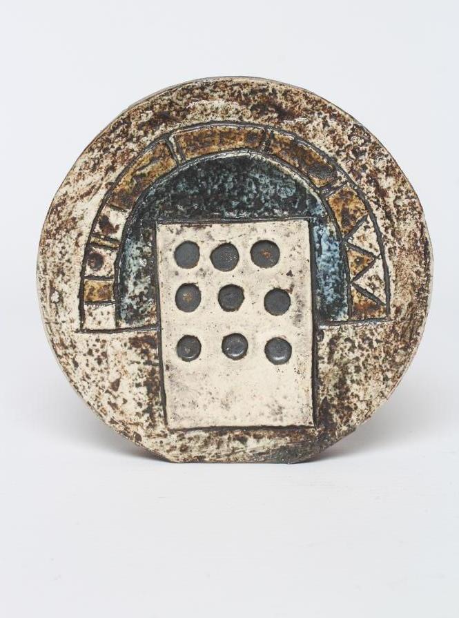 A TROIKA POTTERY SMALL WHEEL VASE with typical incised panels in shades of blue, grey and brown by Image