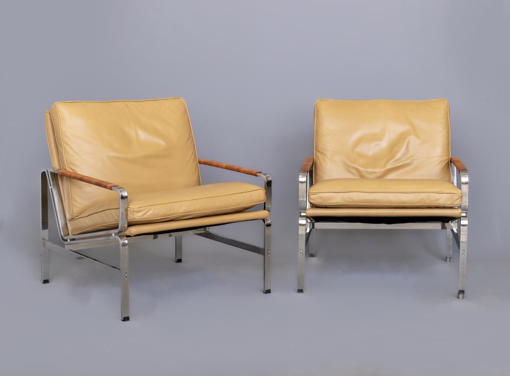 A PAIR OF LEATHER AND CHROME FRAMED ARMCHAIRS Image