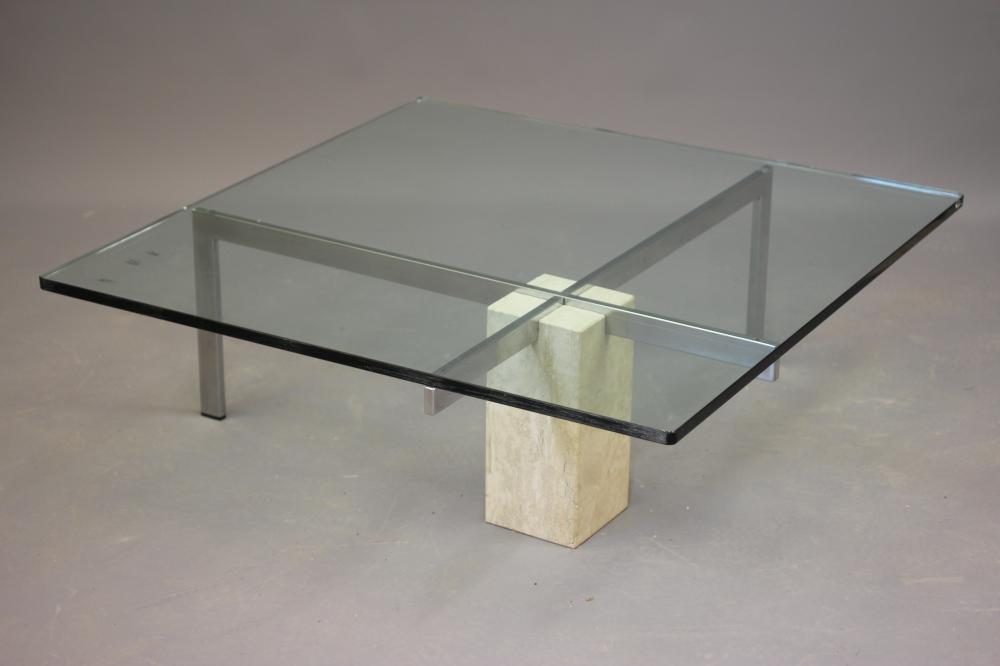 A GLASS AND POLISHED STEEL COFFEE TABLE Image