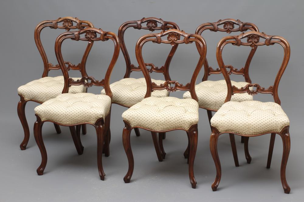 A SET OF SIX VICTORIAN ROSEWOOD DINING CHAIRS button upholstered in a cream and green weave Image