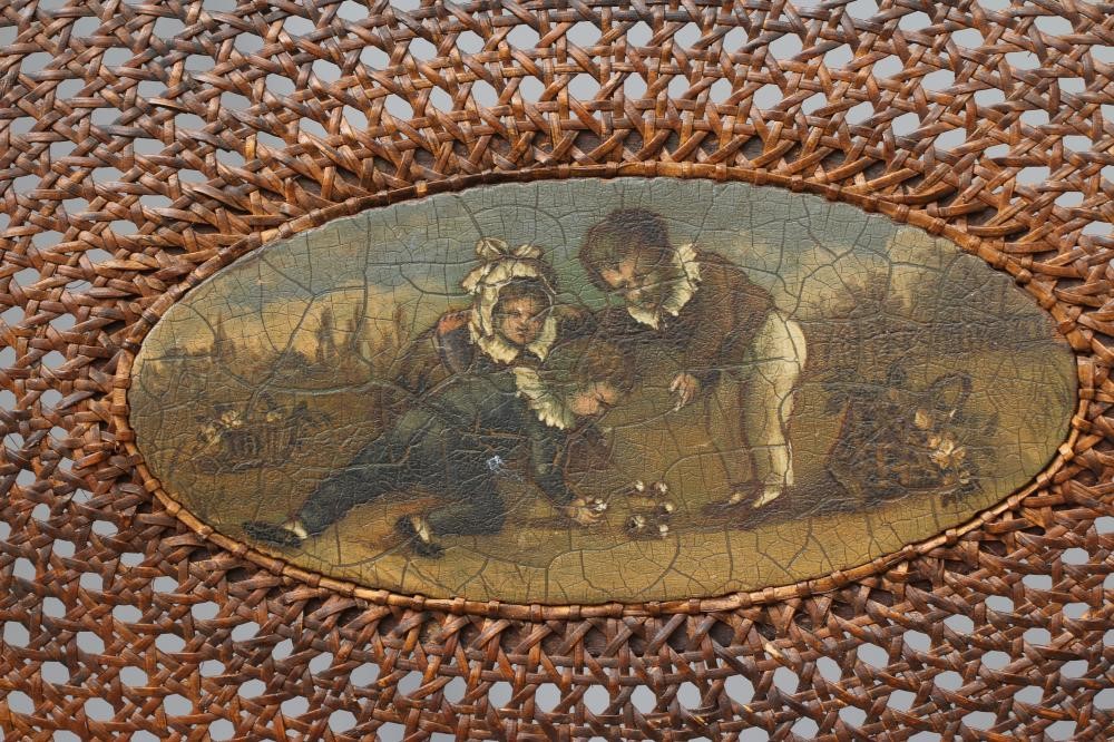 AN EDWARDIAN CANED AND FLORAL PAINTED ELBOW CHAIR Image