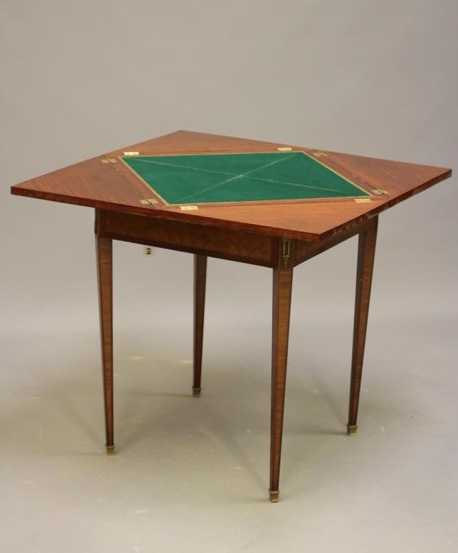 A LOUIS XVI STYLE MAHOGANY AND PARQUETRY ENVELOPE CARD TABLE Image