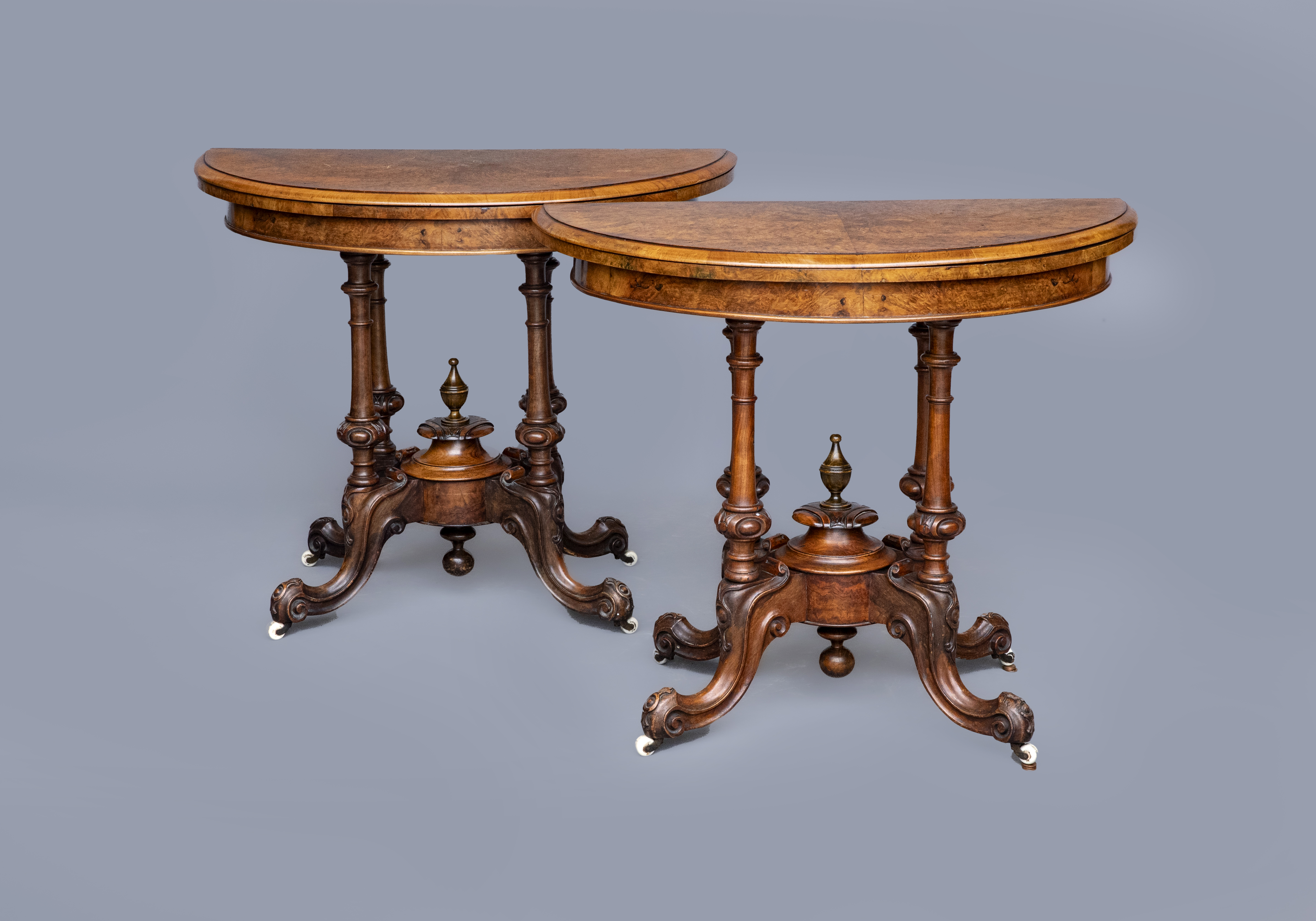 A PAIR OF VICTORIAN BURR WALNUT FOLDING CARD TABLES Image