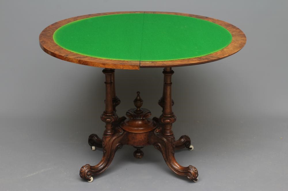 A PAIR OF VICTORIAN BURR WALNUT FOLDING CARD TABLES Image
