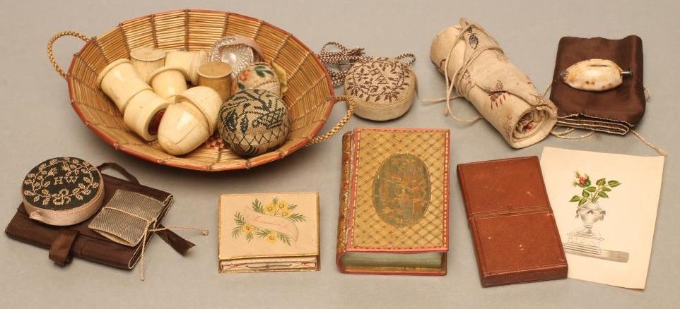 A COLLECTION OF GEORGIAN SEWING ACCOUTREMENTS including three finely knitted pin-cushions Image