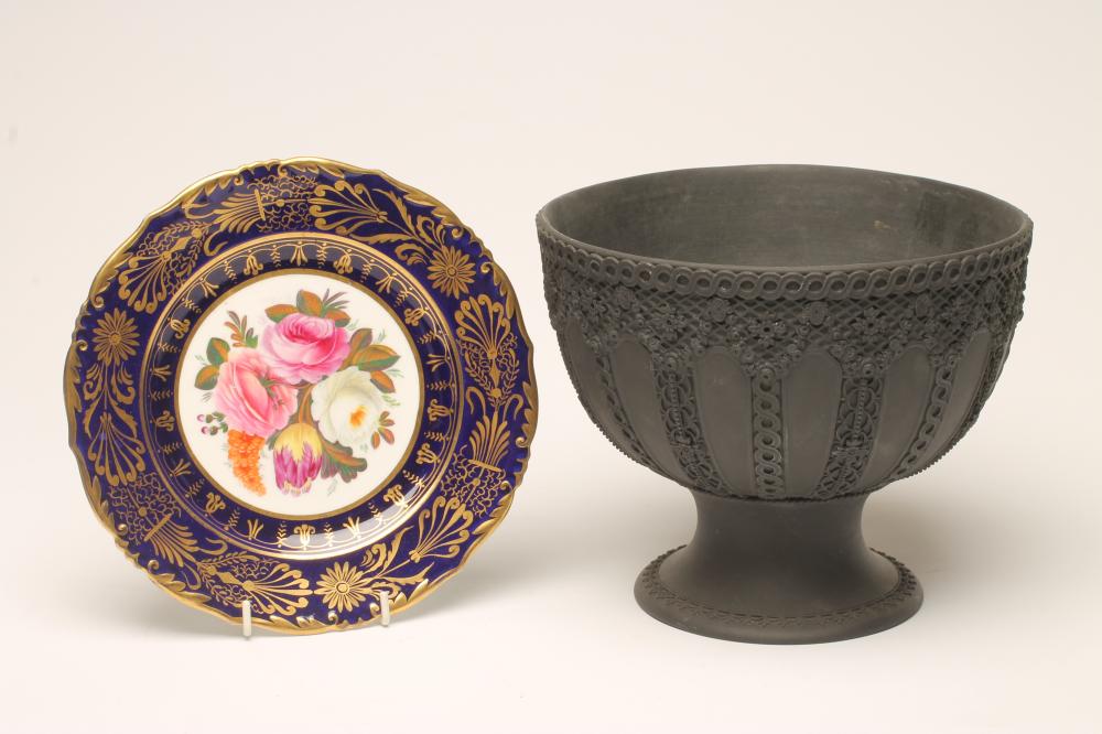 A VICTORIAN WEDGWOOD BLACK JASPERWARE PEDESTAL BOWL Image
