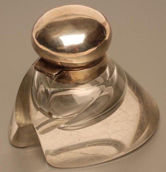 A SILVER MOUNTED NOVELTY GLASS INKWELL Image