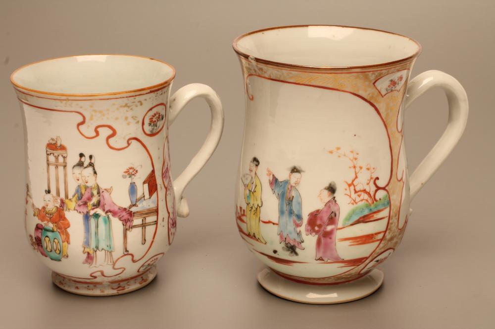 TWO CHINESE EXPORT PORCELAIN MUGS each of baluster form painted in polychrome enamels Image