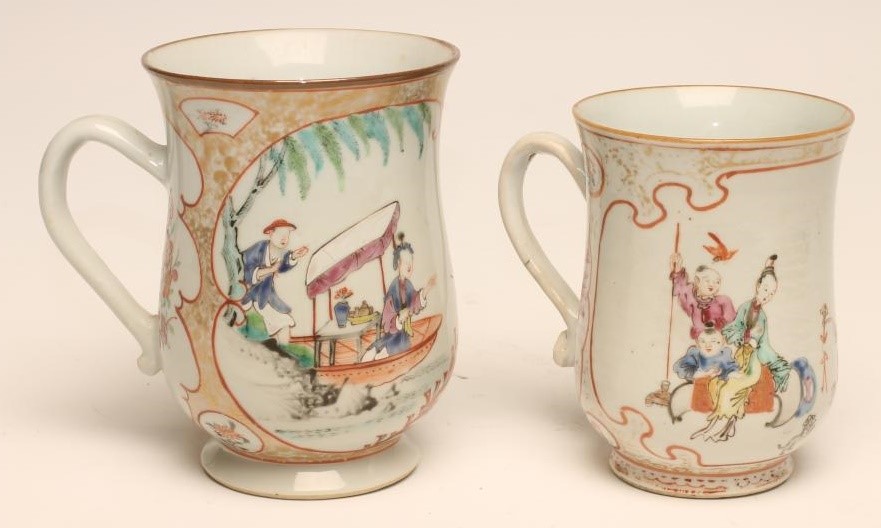 TWO CHINESE EXPORT PORCELAIN MUGS each of baluster form painted in polychrome enamels Image