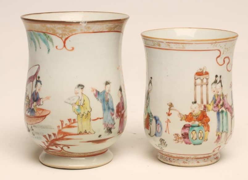 TWO CHINESE EXPORT PORCELAIN MUGS each of baluster form painted in polychrome enamels Image