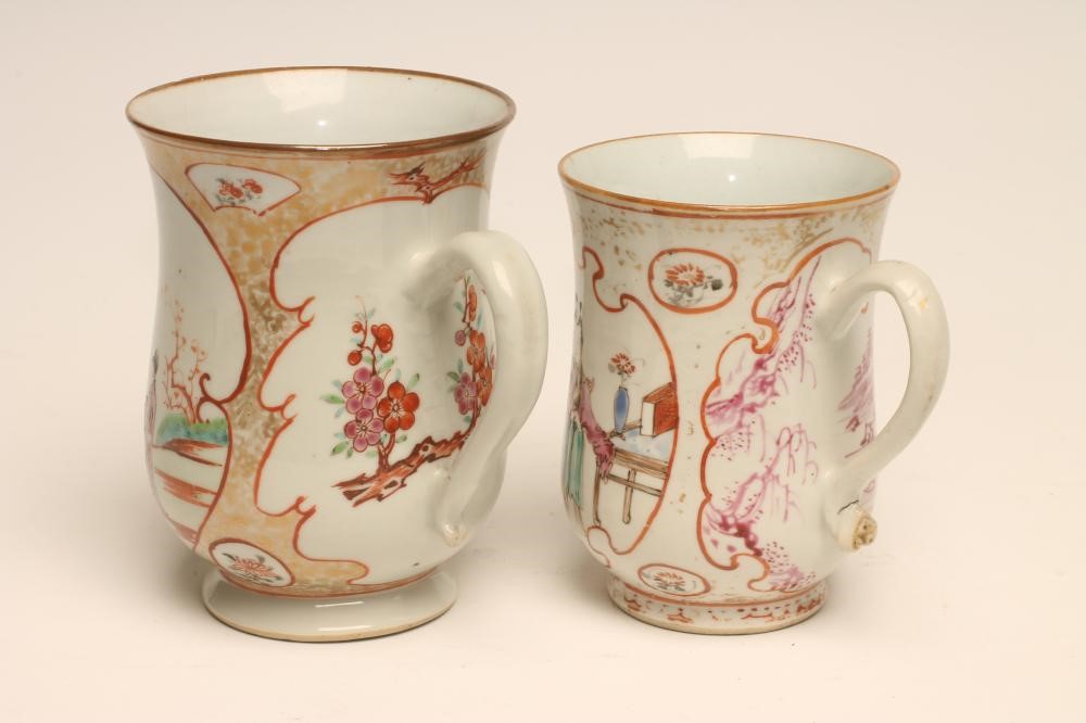 TWO CHINESE EXPORT PORCELAIN MUGS each of baluster form painted in polychrome enamels Image