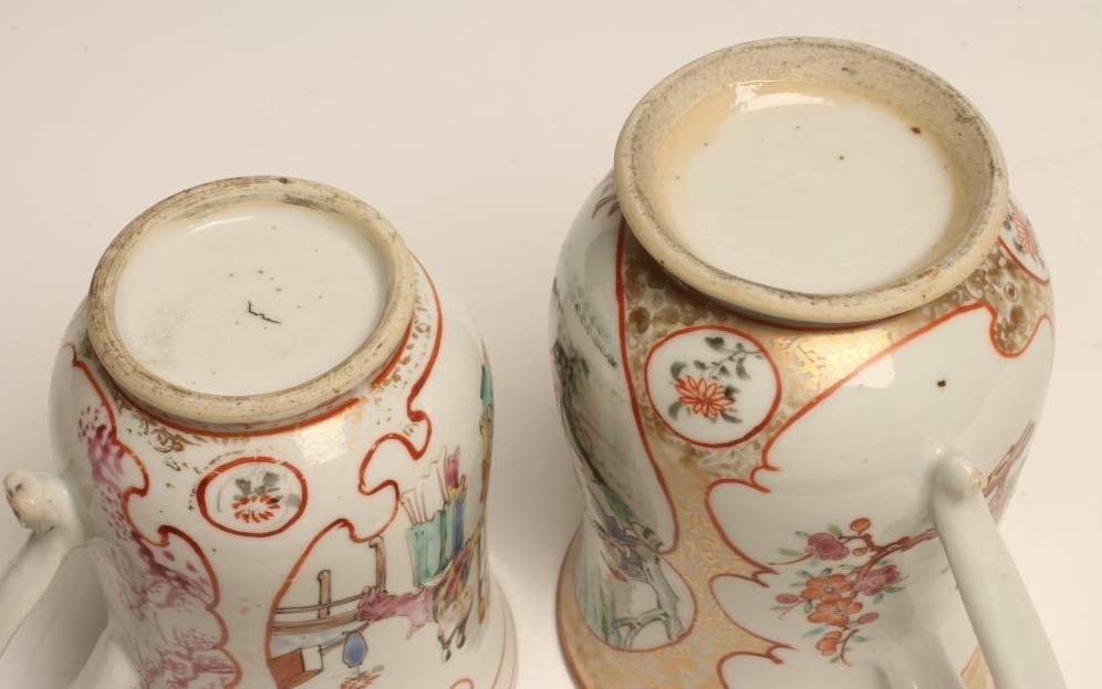 TWO CHINESE EXPORT PORCELAIN MUGS each of baluster form painted in polychrome enamels Image