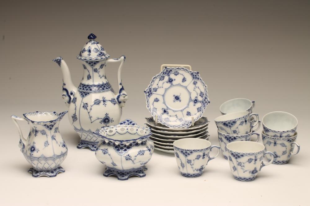 A ROYAL COPENHAGEN PORCELAIN "LACE AND DEVIL MASK" COFFEE SERVICE painted in underglaze blue with Image