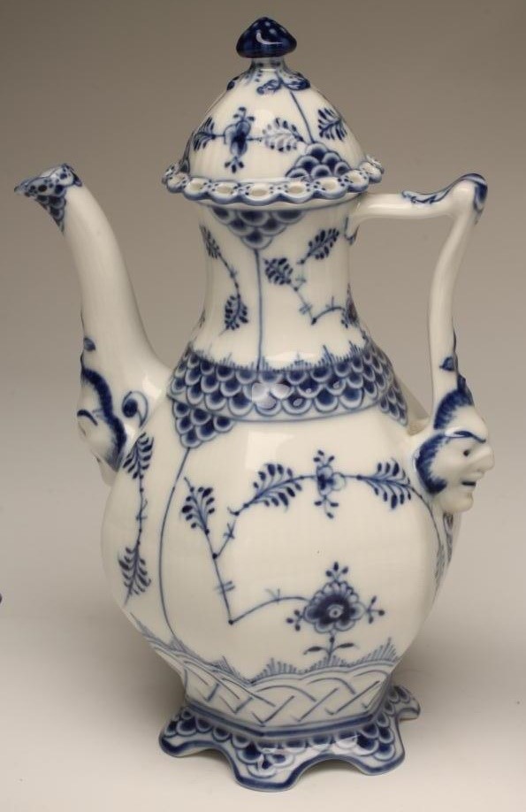 A ROYAL COPENHAGEN PORCELAIN "LACE AND DEVIL MASK" COFFEE SERVICE painted in underglaze blue with Image