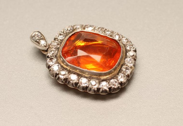 A FIRE OPAL AND DIAMOND PENDANT Image