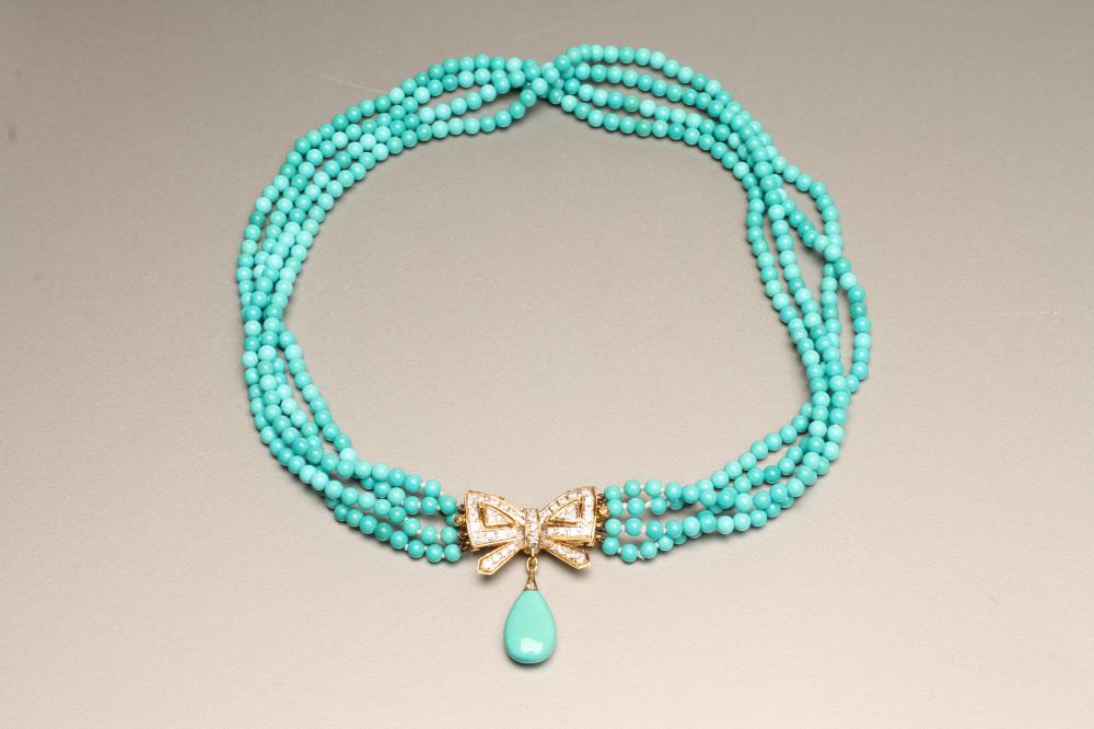 A TURQUOISE BEAD CHOKER with detachable diamond bow clasp Image