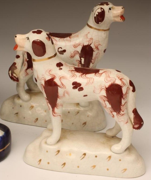 A PAIR OF VICTORIAN STAFFORDSHIRE POTTERY SPANIEL INKWELLS Image