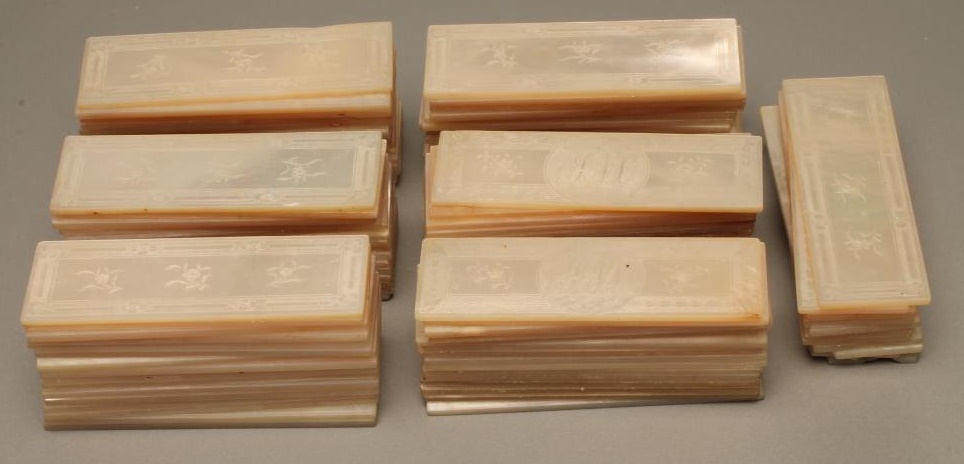 A COLLECTION OF CANTONESE MOTHER OF PEARL GAMING COUNTERS Image