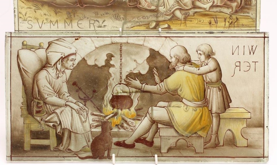 A PAIR OF ARTS AND CRAFTS GREEN TINTED GLASS PANELS of plain oblong form painted in sombre enamels Image