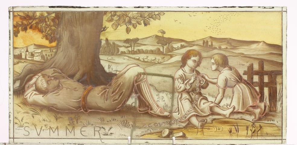 A PAIR OF ARTS AND CRAFTS GREEN TINTED GLASS PANELS of plain oblong form painted in sombre enamels Image