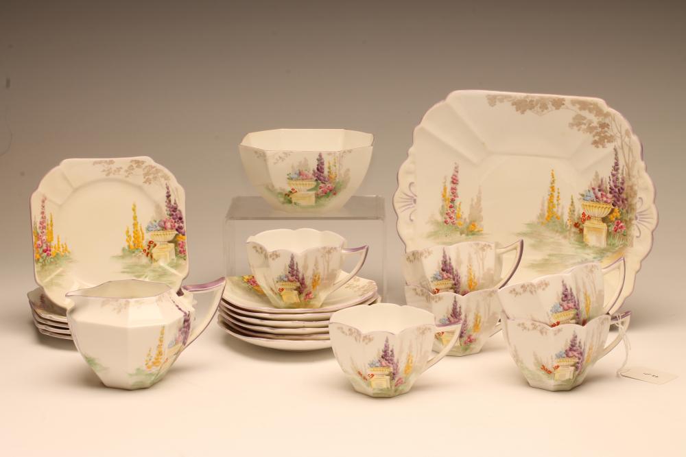 AN ART DECO SHELLEY CHINA QUEEN ANN SHAPE PART TEA SERVICE printed in underglaze brown and Image